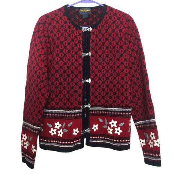 Woolrich Small Wool Floral Nordic Style Folk Embroidered Cardigan Ruby Red - Picture 1 of 10